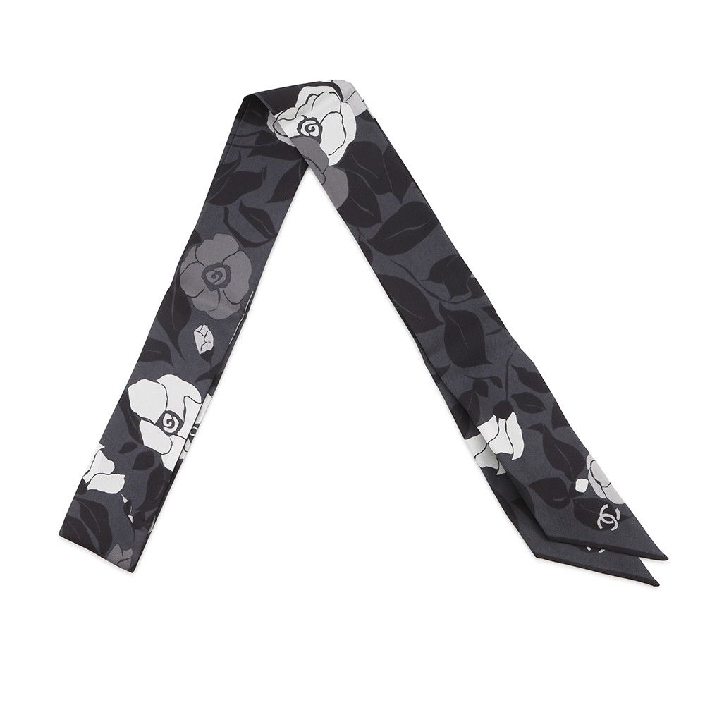 Chanel Scarf CC Logo Camellia All Over Pattern Silk Black