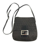 Fendi Shoulder Bag Zucchino Logo Leather Canvas Black