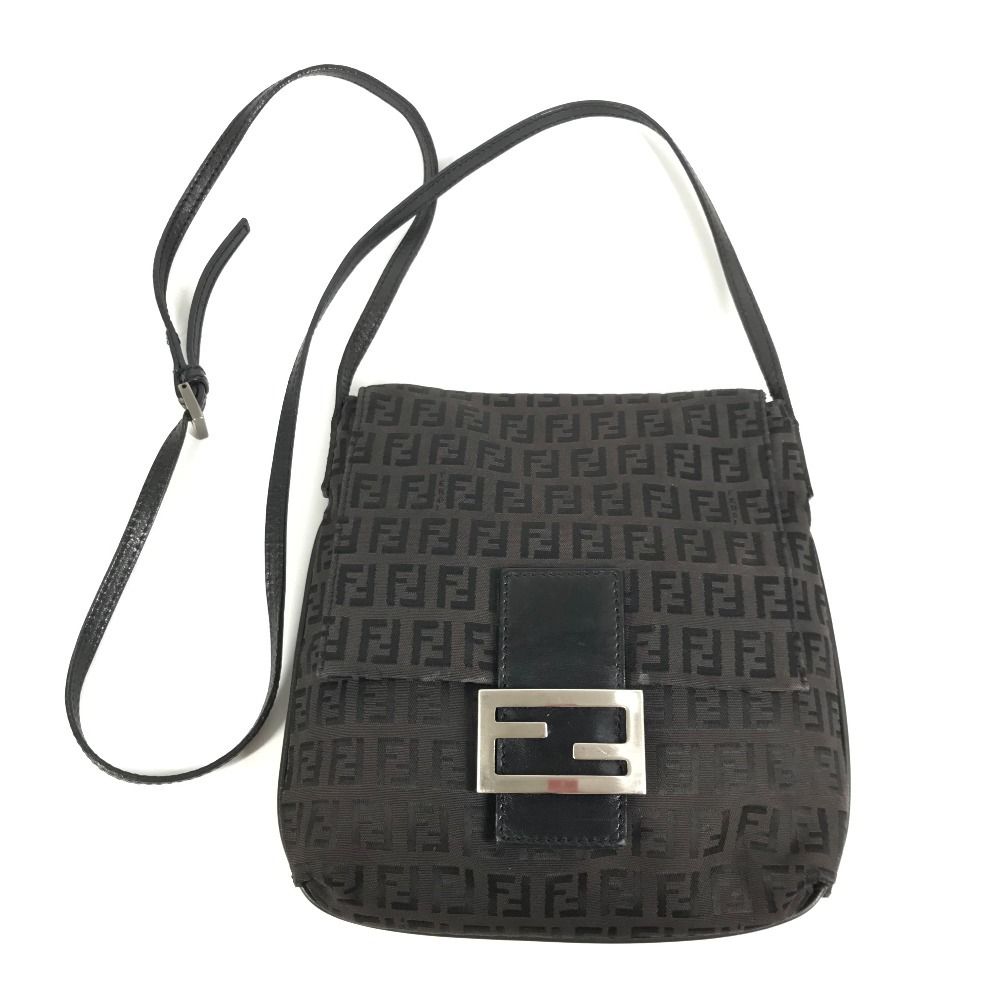Fendi Shoulder Bag Zucchino Logo Leather Canvas Black