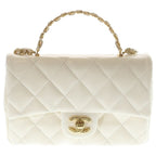 Chanel Top Handle 2-Way Shoulder Bag Chain White Shiny Calfskin Gold