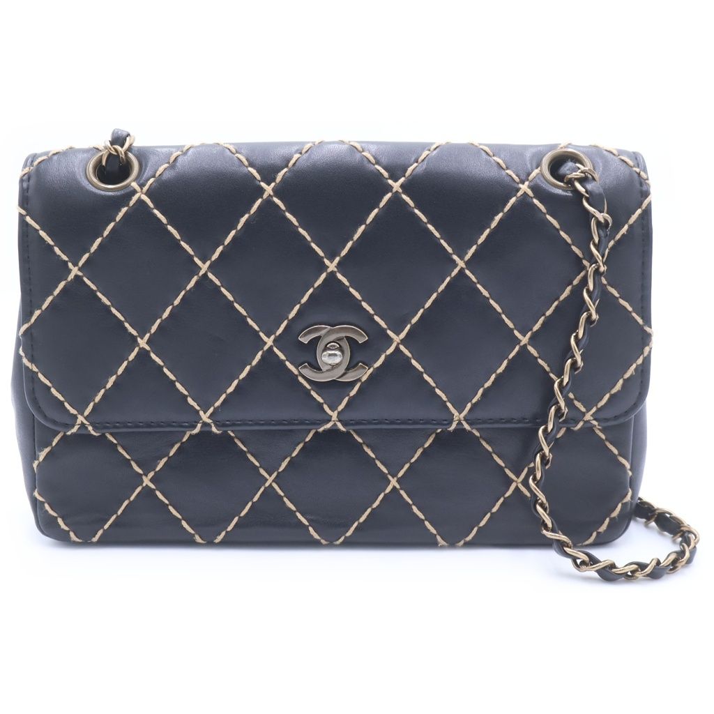 Chanel Quilted 25 Wild Stitch Chain Shoulder Bag Black Leather Gold