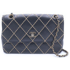 Chanel Quilted 25 Wild Stitch Chain Shoulder Bag Black Leather Gold