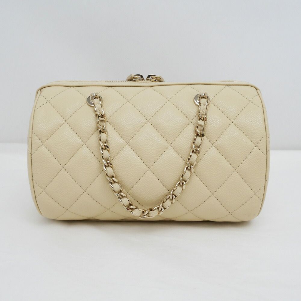 Chanel Mini Boston Chain Shoulder Bag Caviar Leather Beige Gold — view 2