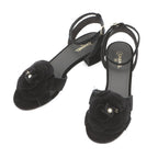 Chanel Sandals CC Logo Camellia Heels Velvet 39c Shoes Black