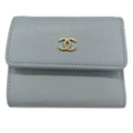 Chanel Wallet Trifold Caviar Leather Camellia Light Blue Gold Compact
