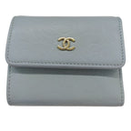 Chanel Wallet Trifold Caviar Leather Camellia Light Blue Gold Compact