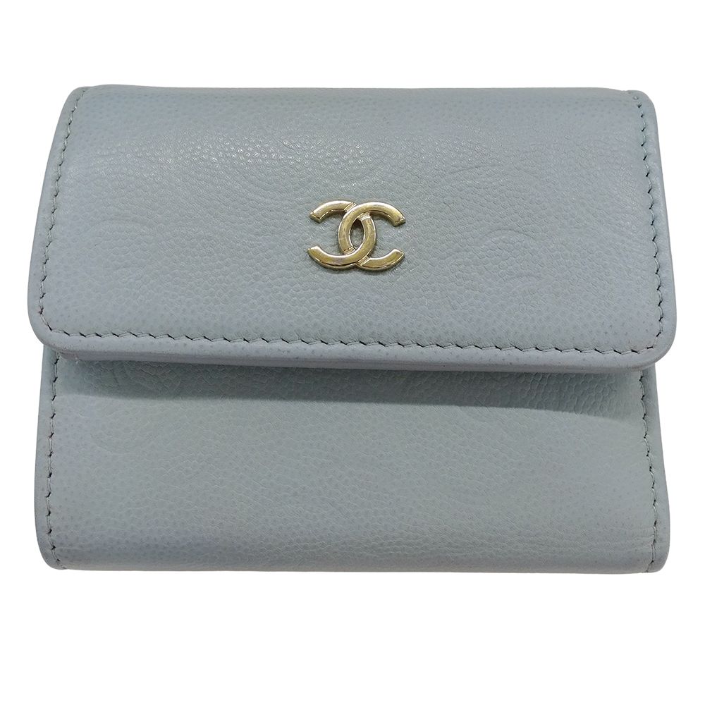 Chanel Wallet Trifold Caviar Leather Camellia Light Blue Gold Compact