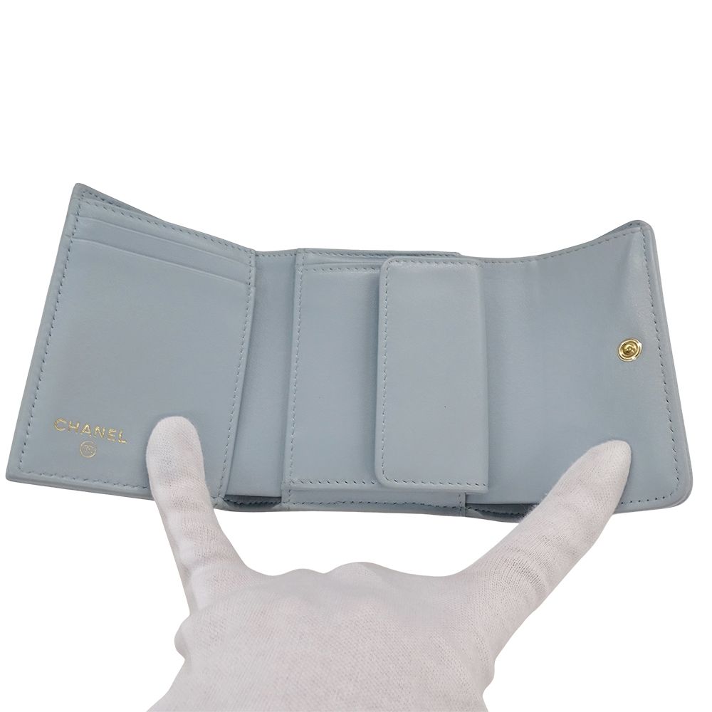 Chanel Wallet Trifold Caviar Leather Camellia Light Blue Gold Compact — view 5
