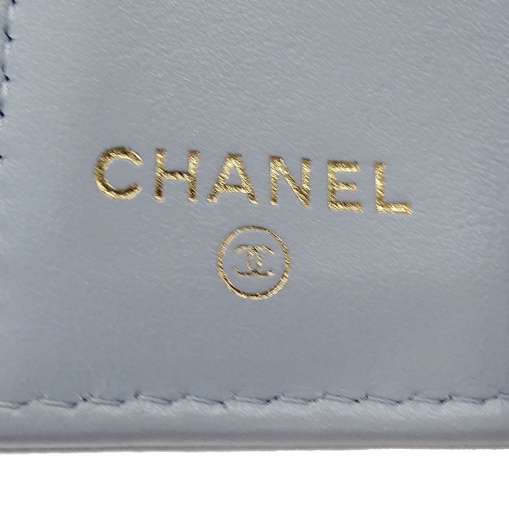 Chanel Wallet Trifold Caviar Leather Camellia Light Blue Gold Compact — view 9