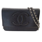 Chanel Wallet Shoulder Caviar Leather CC Logo Black Silver