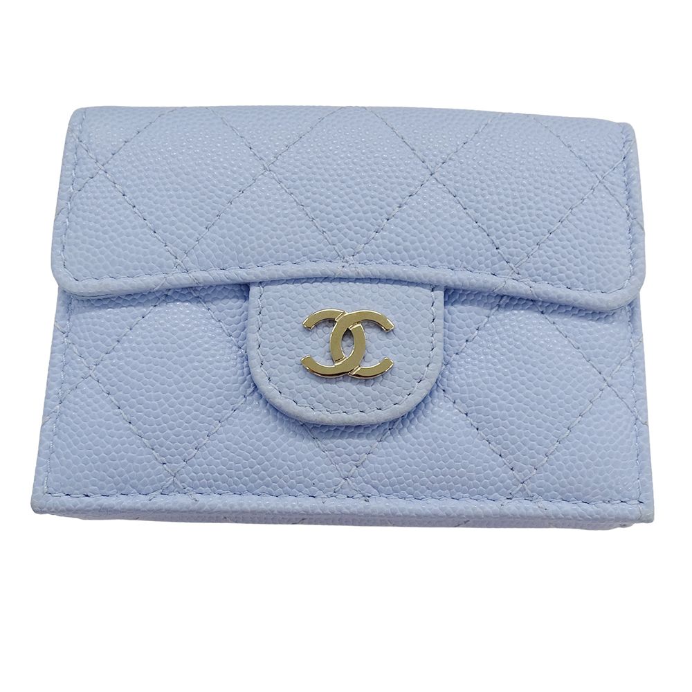 Chanel Wallet Trifold Caviar Leather Quilted Light Blue Gold Compact Mini