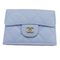 Chanel Wallet Trifold Caviar Leather Quilted Light Blue Gold Compact Mini