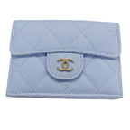 Chanel Wallet Trifold Caviar Leather Quilted Light Blue Gold Compact Mini