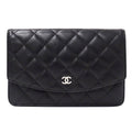 Chanel Quilted Clutch Wallet Lambskin Black Silver