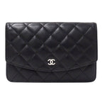 Chanel Quilted Clutch Wallet Lambskin Black Silver
