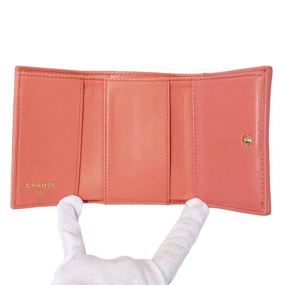 Chanel Wallet Quilted Trifold Lambskin Pink Gold Mini Small — view 4
