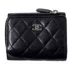 Chanel Wallet Quilted Trifold Caviar Leather Black Silver Mini