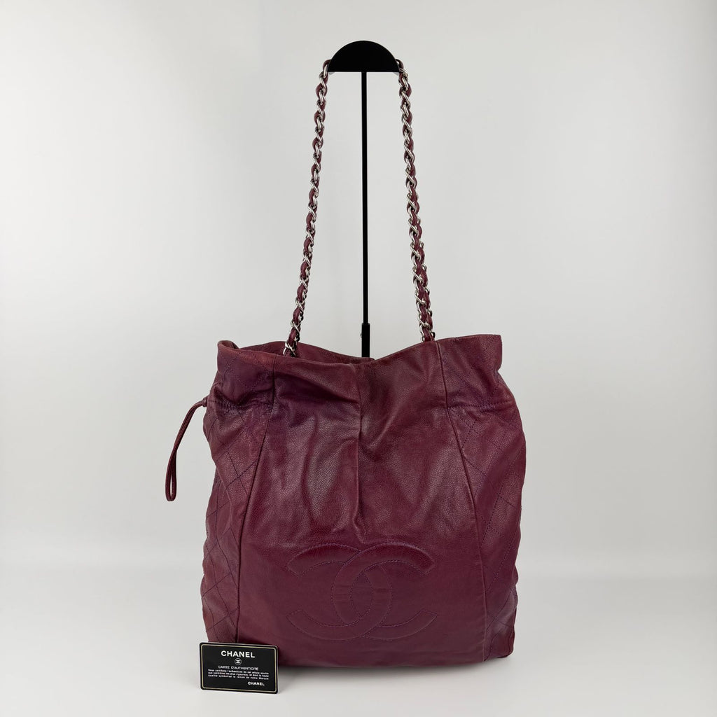Chanel CC Logo Chain Shoulder Bag Tote Red Caviar Leather Vintage