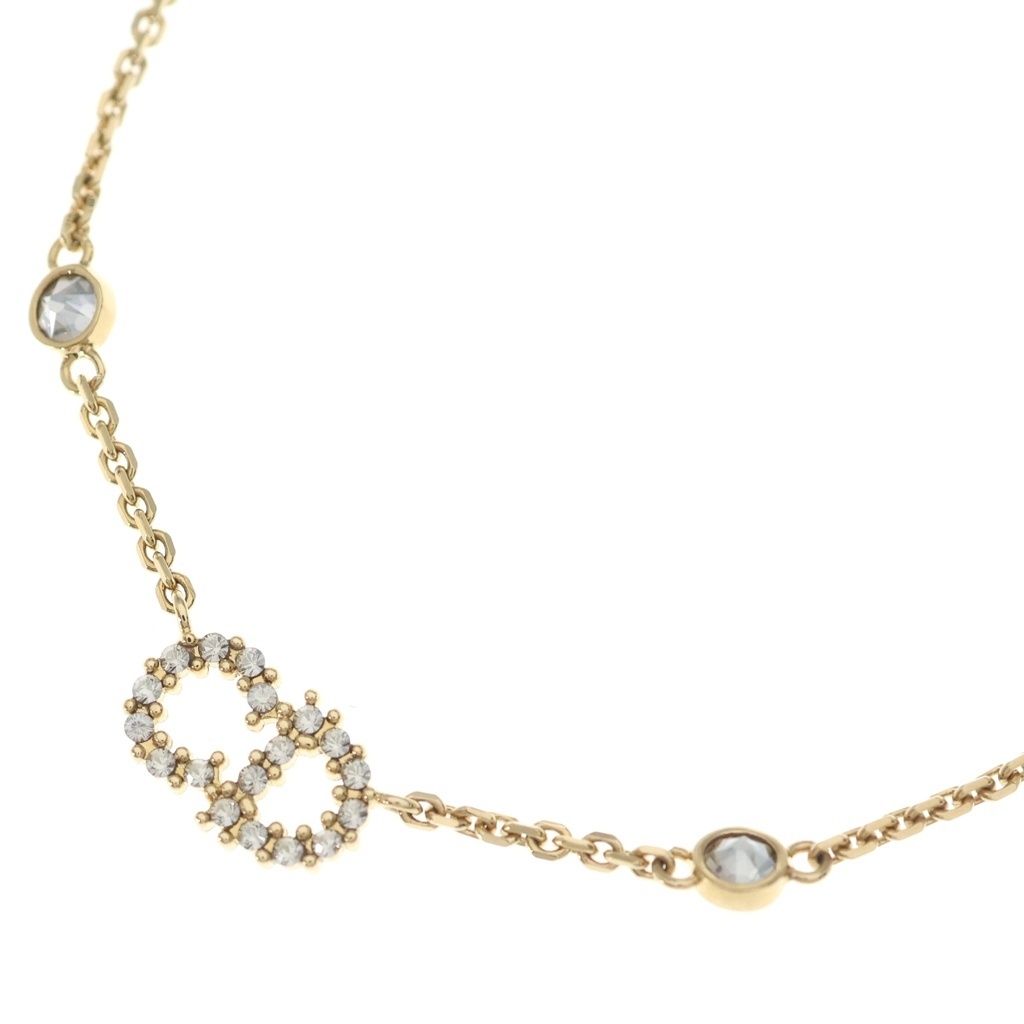 Dior CD Logo Rhinestone Pearl Necklace Pendant Chain Gold