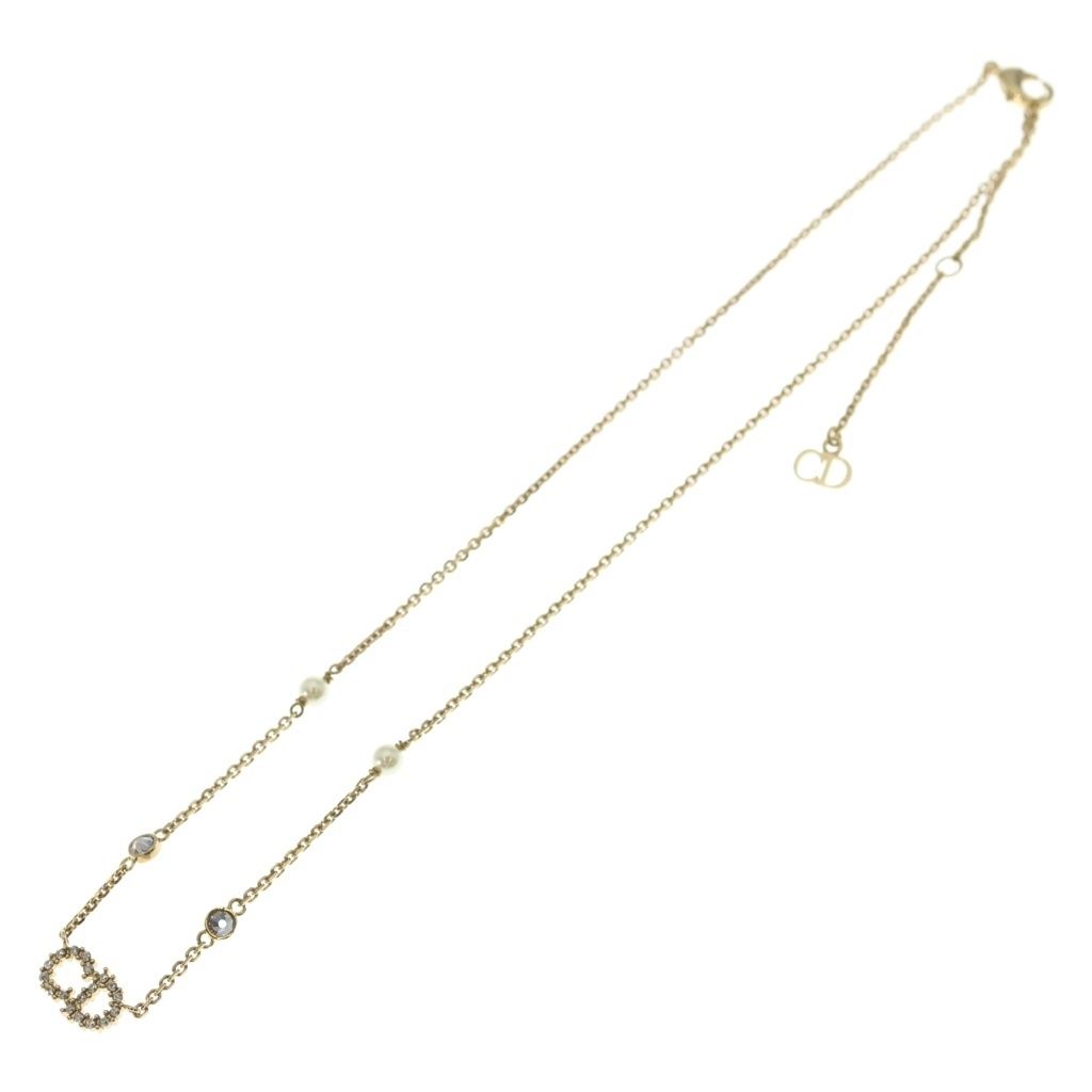 Dior CD Logo Rhinestone Pearl Necklace Pendant Chain Gold — view 2