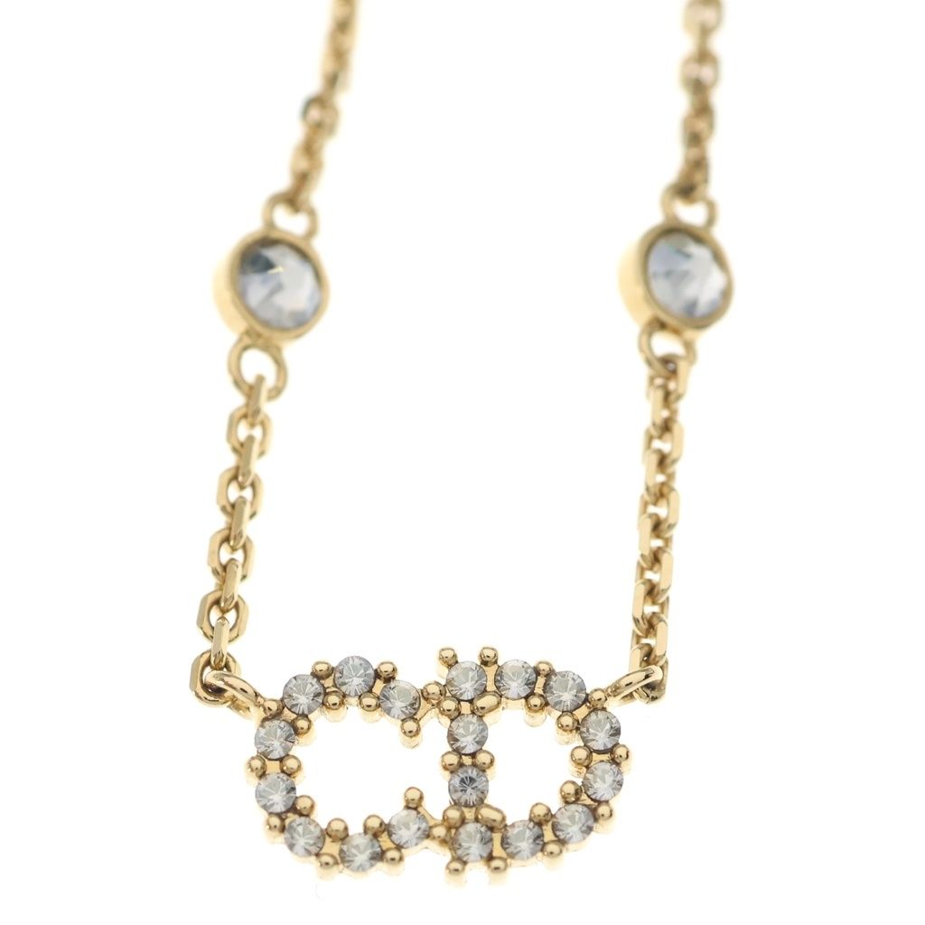 Dior CD Logo Rhinestone Pearl Necklace Pendant Chain Gold — view 3