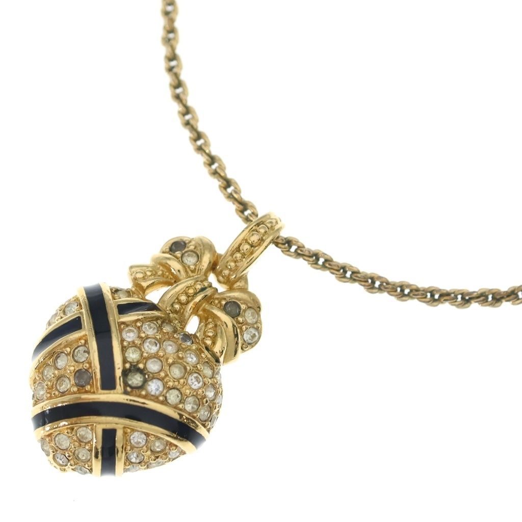Dior Heart Motif Rhinestone Necklace Pendant Chain Gold Black