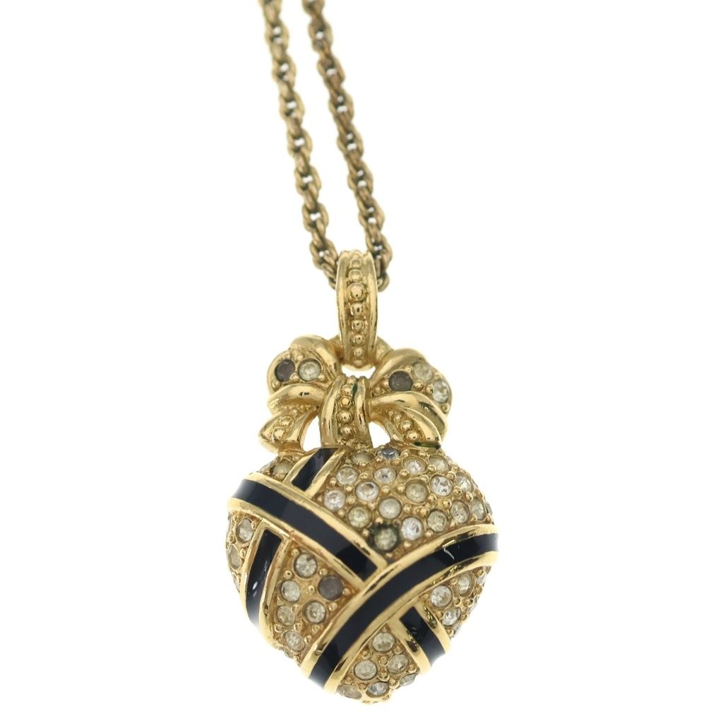 Dior Heart Motif Rhinestone Necklace Pendant Chain Gold Black — view 3