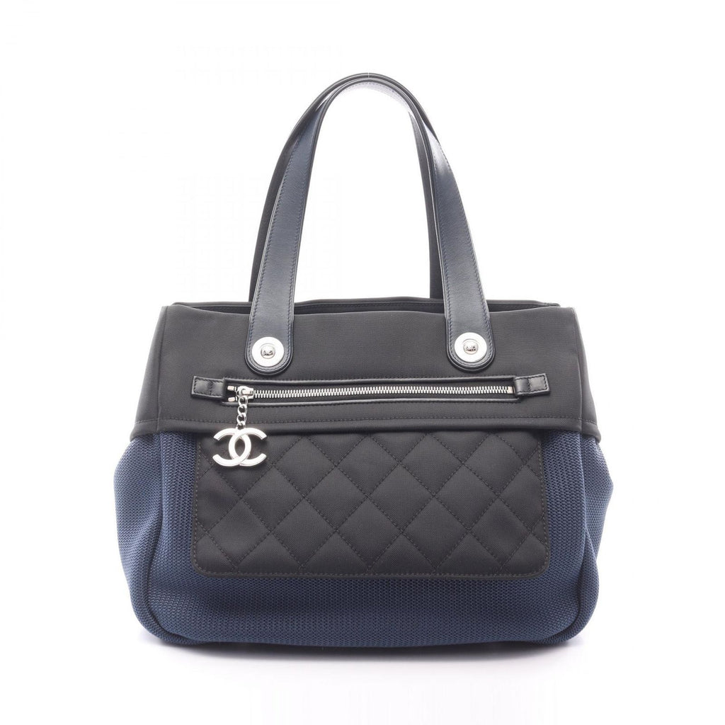 Chanel Handbag Paris Biarritz Navy Black Nylon Leather Coco Charm Mesh Tote