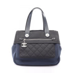 Chanel Handbag Paris Biarritz Navy Black Nylon Leather Coco Charm Mesh Tote