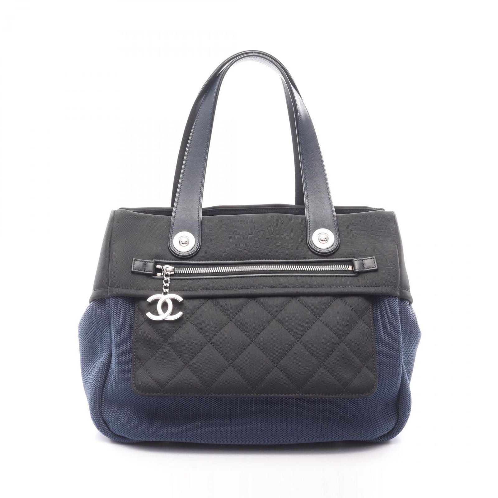 Chanel Handbag Paris Biarritz Navy Black Nylon Leather Coco Charm Mesh Tote