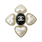 Chanel Heart Brooch CC Logo Faux Pearl Gold White Black
