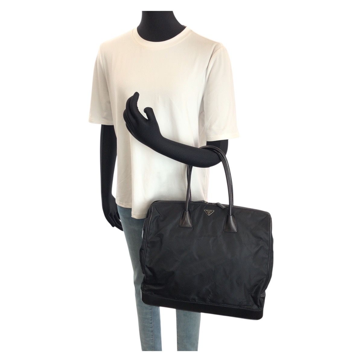Prada Tessuto Black Silver Nylon Leather Tote — view 7