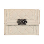 Chanel CC Logo White Silver Leather Fold Wallet Compact