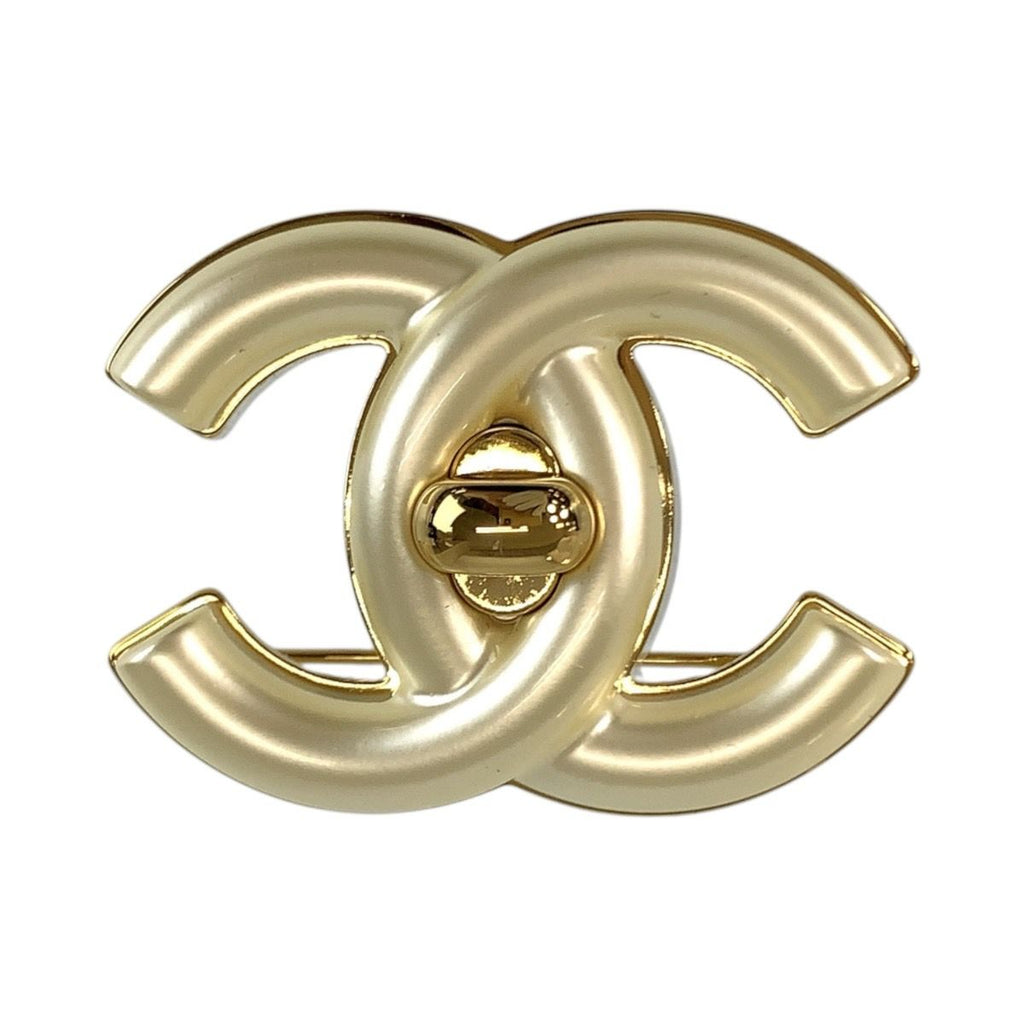 Chanel CC Logo Turnlock Cream Gold Plated Brooch