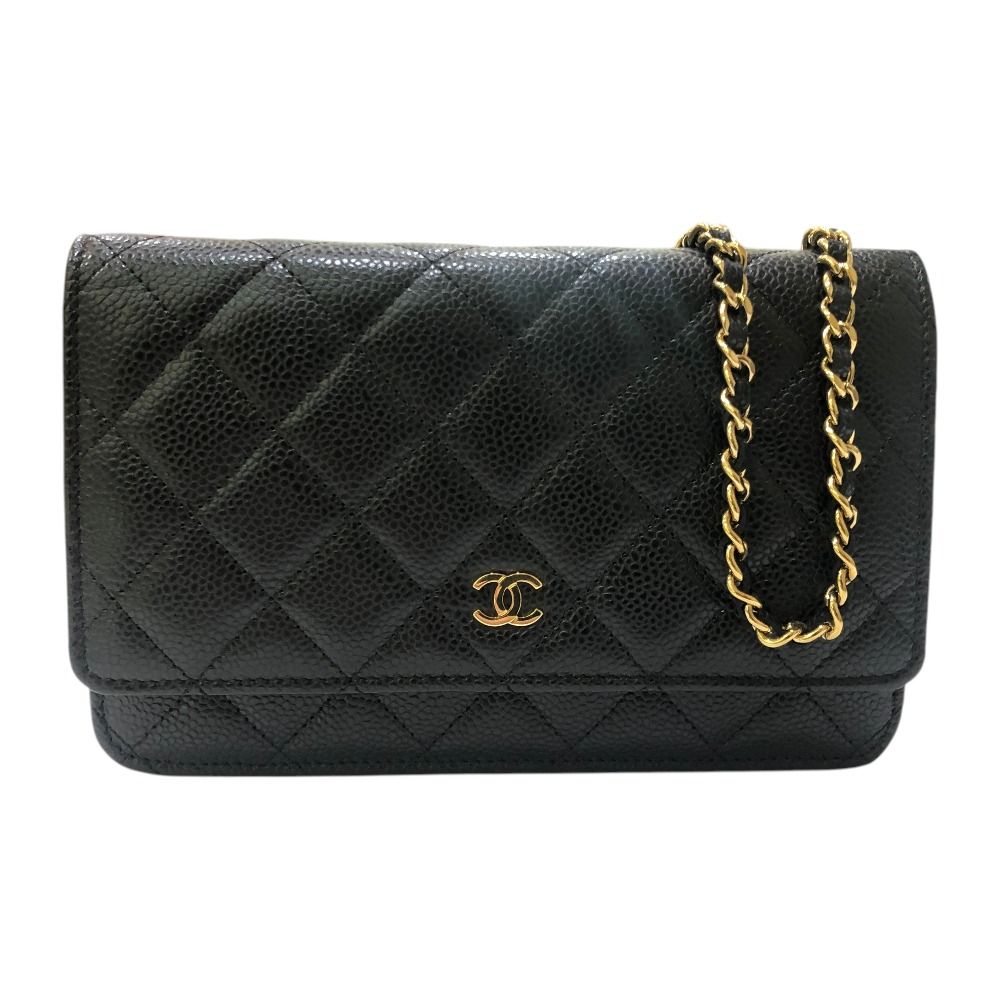 Chanel Shoulder Bag CC Logo Chain Wallet Caviar Leather Black