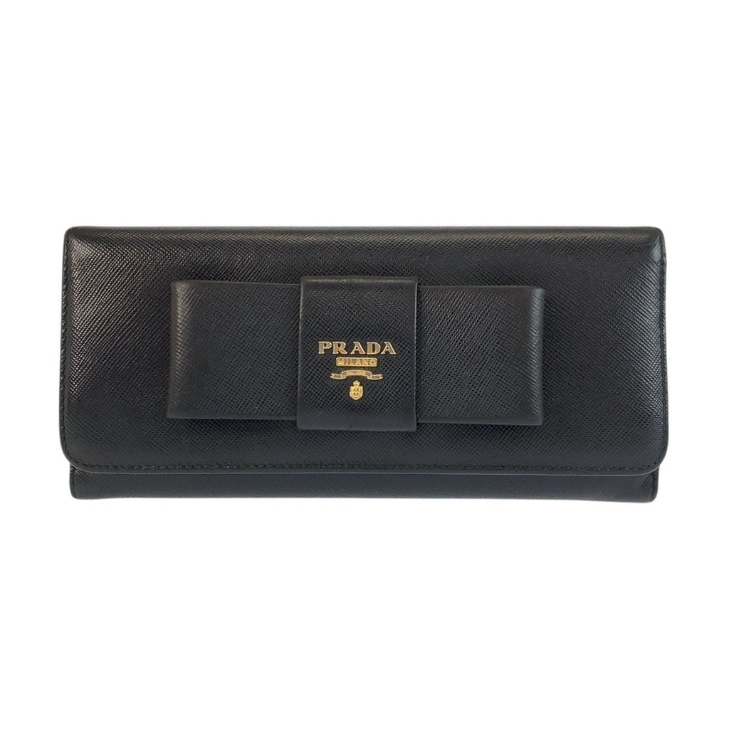 Prada Saffiano Fiocco Ribbon Black Gold Leather Wallet
