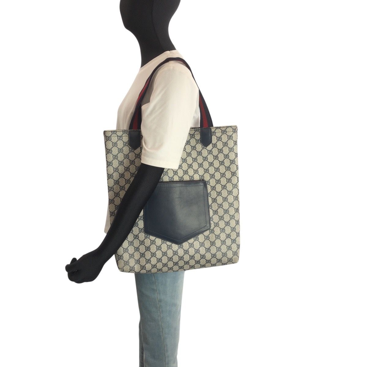 Gucci Vintage Sherry Line Gray Navy GG Supreme Canvas Tote Shoulder Bag — view 7