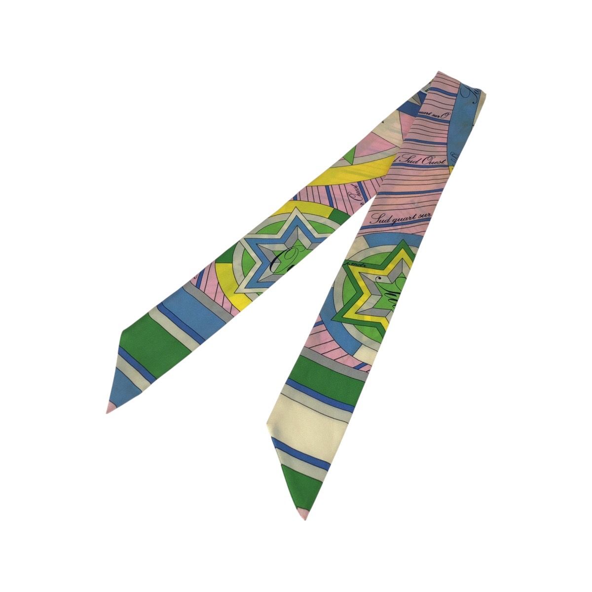 Hermes Twilly Astrologie Nouvelle Green Pink Yellow Silk Scarf Ribbon