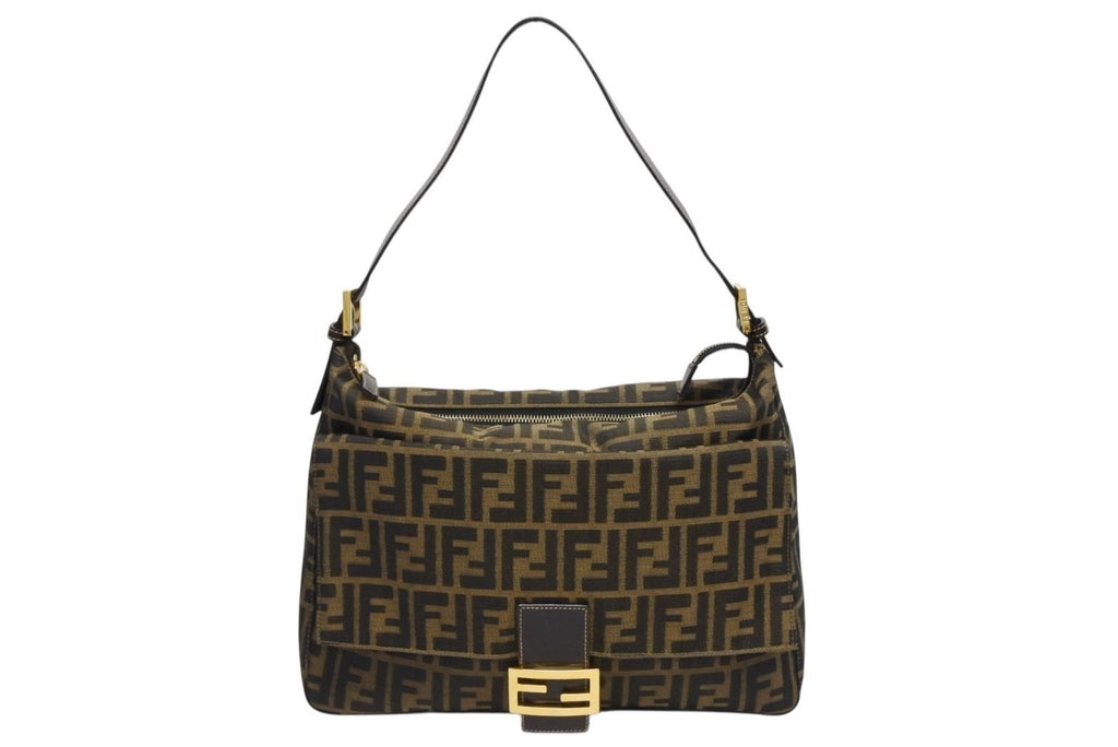 Fendi Mamma Baguette Handbag Zucca Pattern Brown Leather Canvas Gold