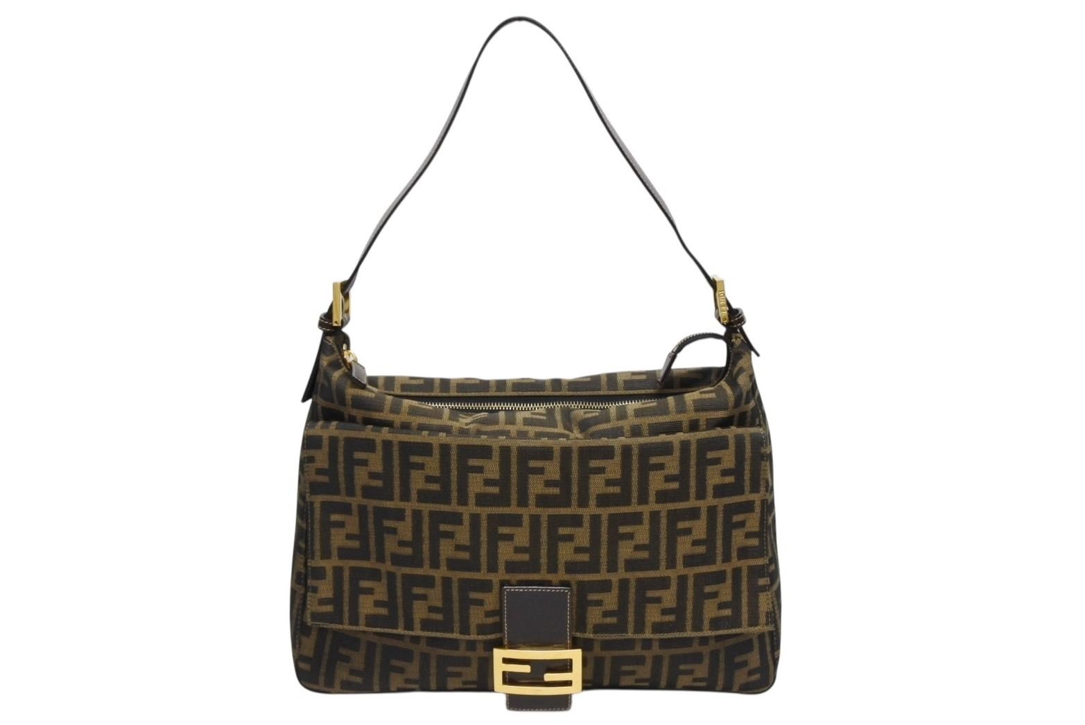 Fendi Mamma Baguette Handbag Zucca Pattern Brown Leather Canvas Gold