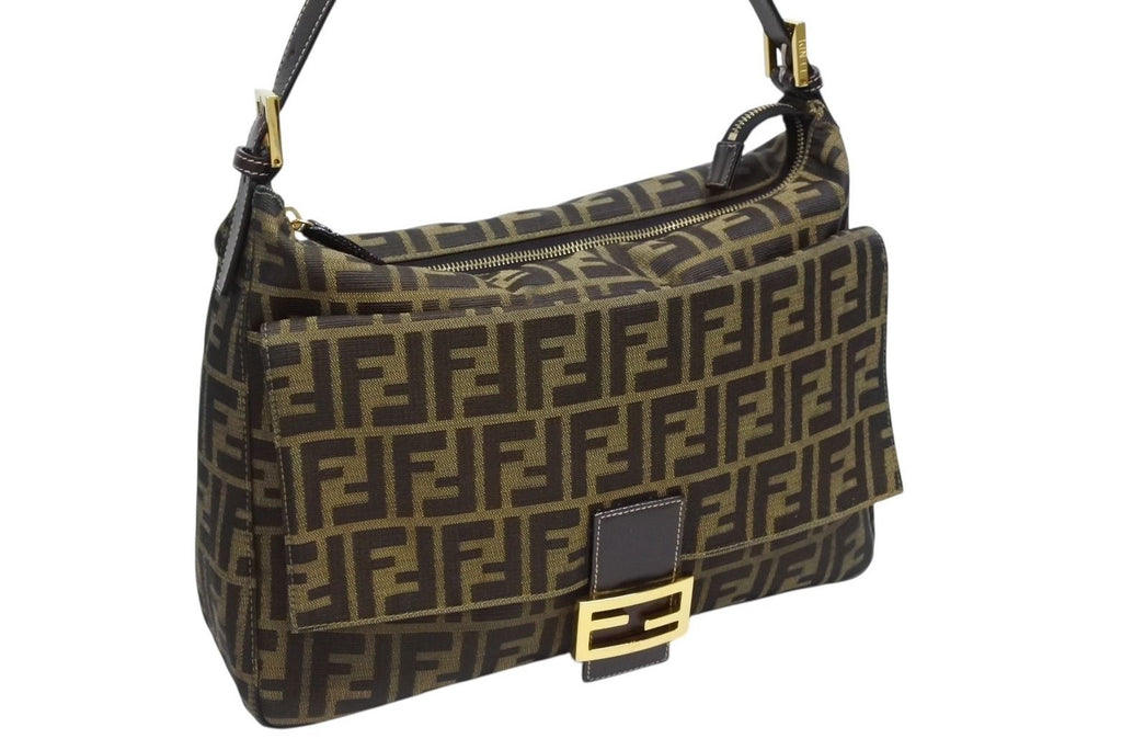 Fendi Mamma Baguette Handbag Zucca Pattern Brown Leather Canvas Gold — view 4