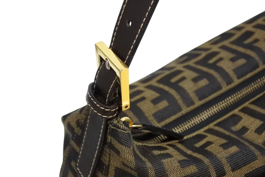 Fendi Mamma Baguette Handbag Zucca Pattern Brown Leather Canvas Gold — view 5