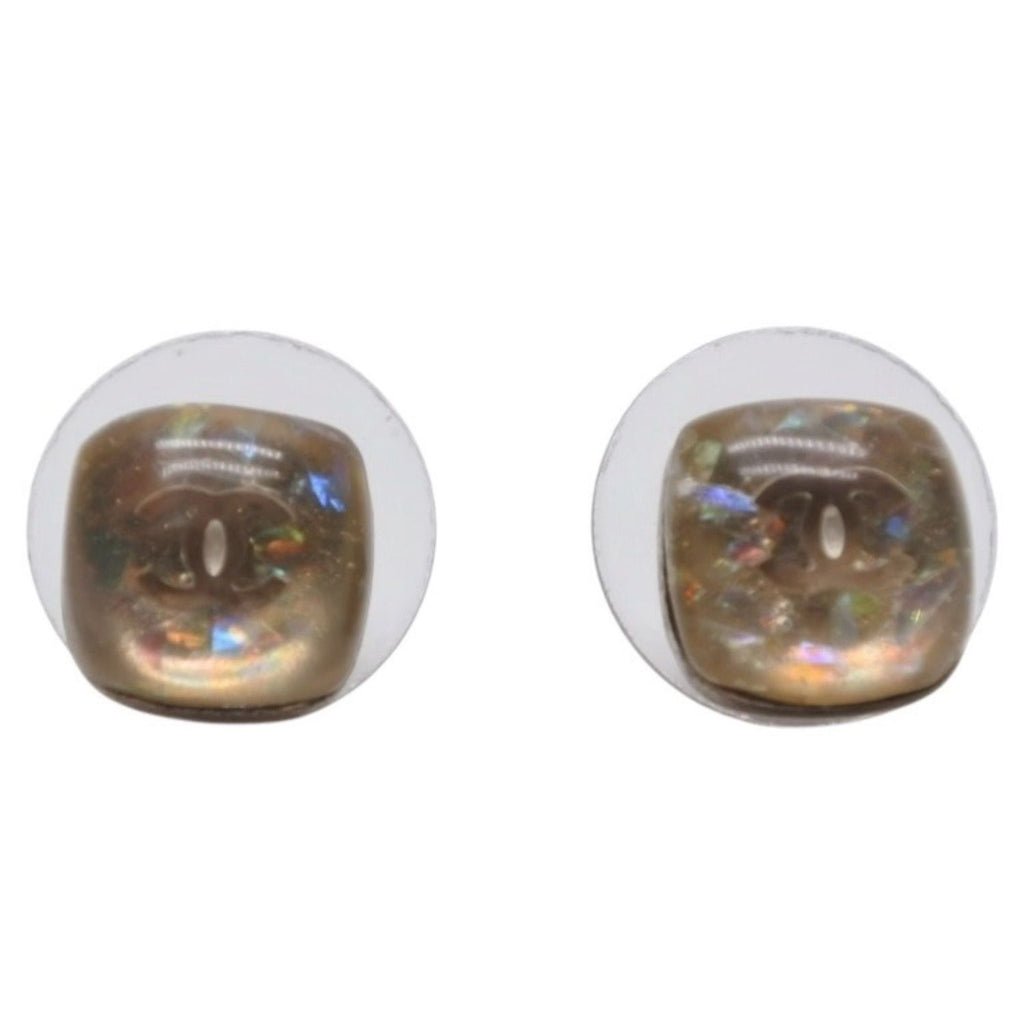 Chanel Earrings CC Logo Button Clear Glitter Silver Mini