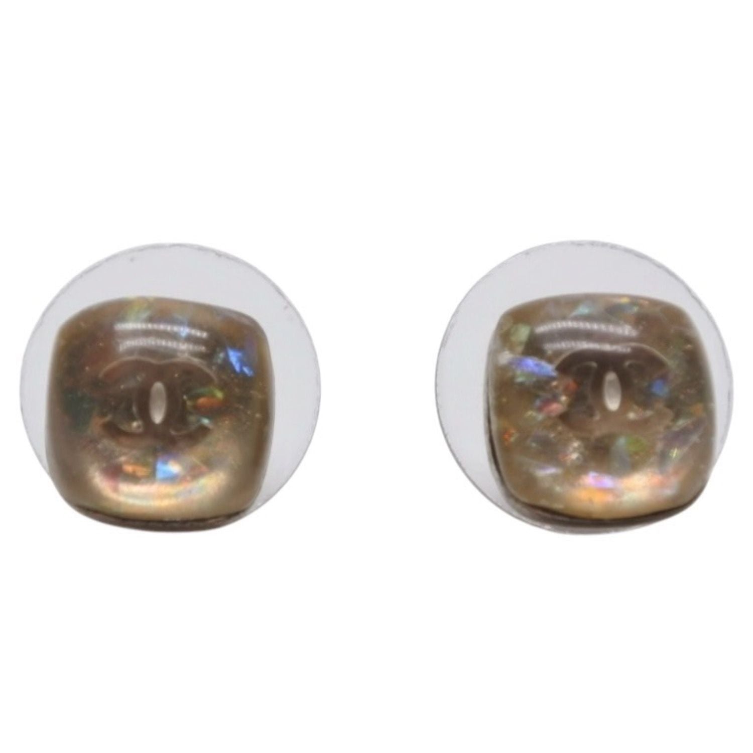 Chanel Earrings CC Logo Button Clear Glitter Silver Mini