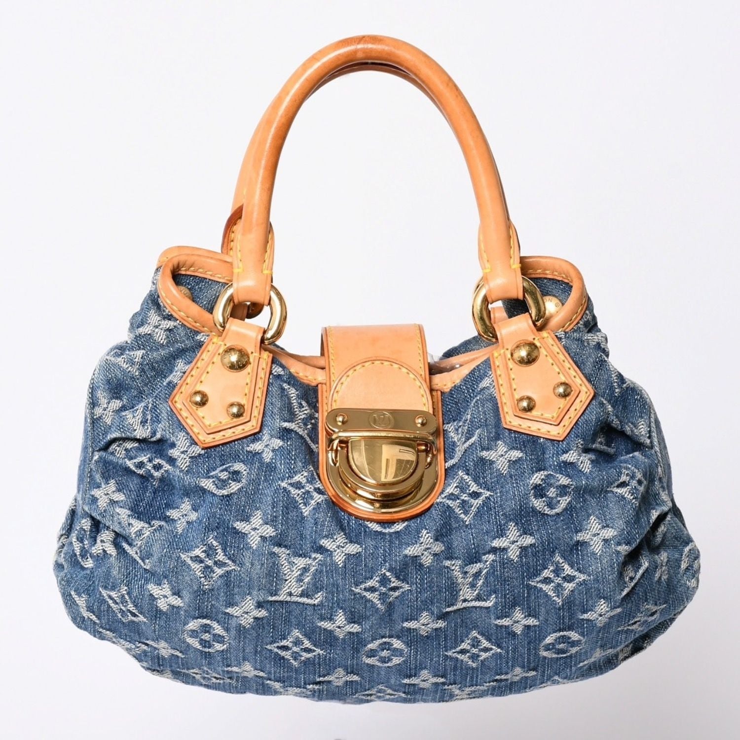Louis Vuitton Pleaty Handbag Monogram Denim Leather Blue Gold