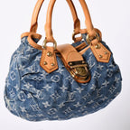 Louis Vuitton Pleaty Handbag Monogram Denim Leather Blue Gold — view 3