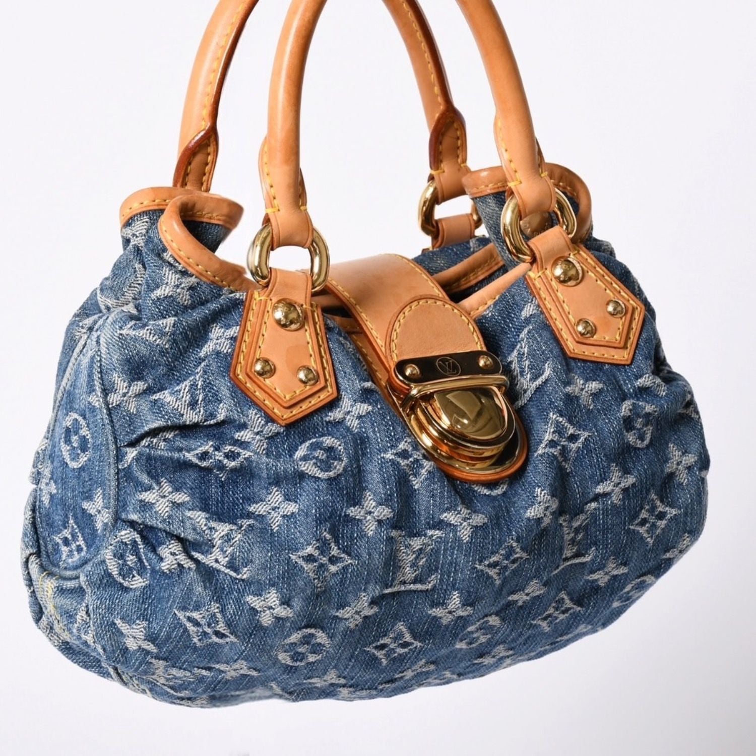 Louis Vuitton Pleaty Handbag Monogram Denim Leather Blue Gold — view 3