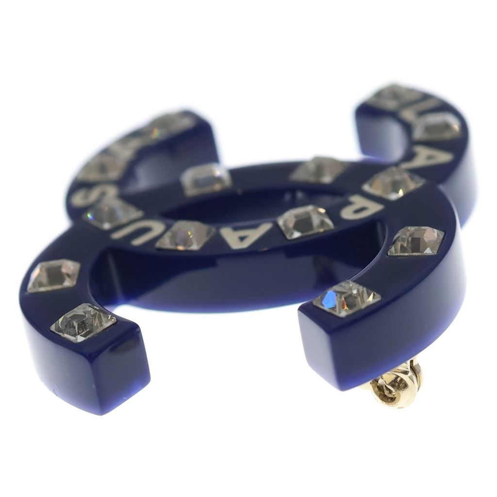 Chanel CC Logo Rhinestone Brooch Pin Badge Navy Blue — view 3
