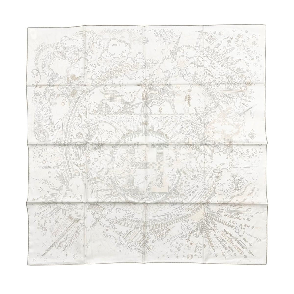 Hermes Silk Scarf Carre 90 Please Hold the Line 11 White Rose Nacre Vert Gray