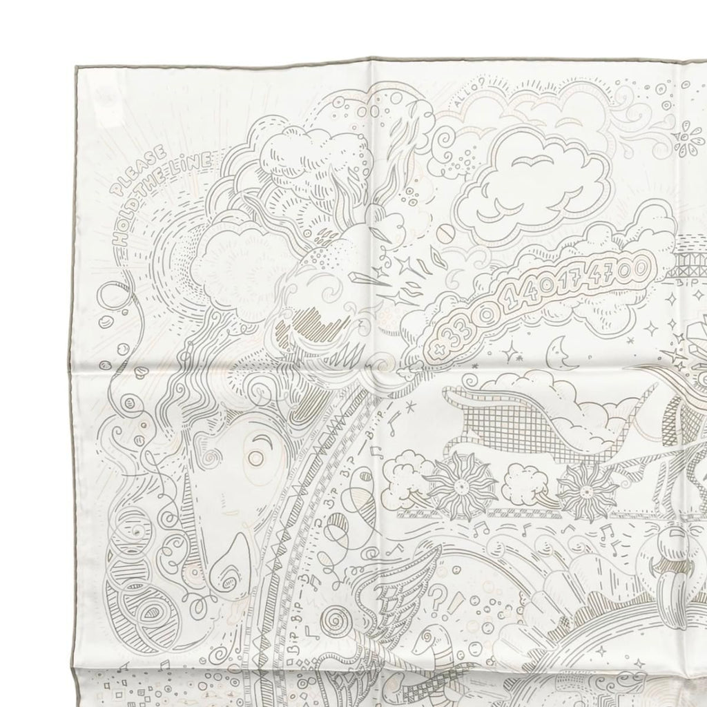 Hermes Silk Scarf Carre 90 Please Hold the Line 11 White Rose Nacre Vert Gray — view 3